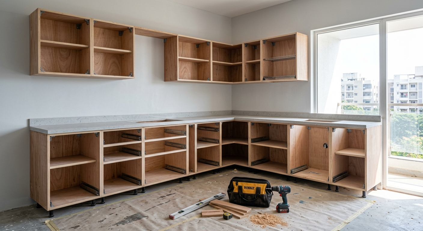 Modular kitchen carcasses being installed on site in a Hyderabad flat