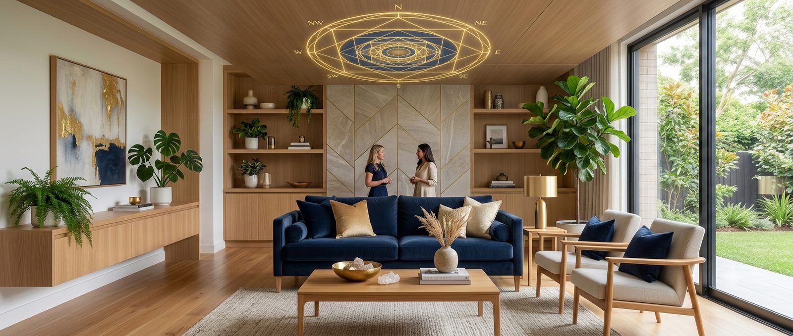 A D'leaps living room in Hyderabad with a Vastu compass and the nine-square mandala grid drawn in light across the ceiling, two designers talking beneath it